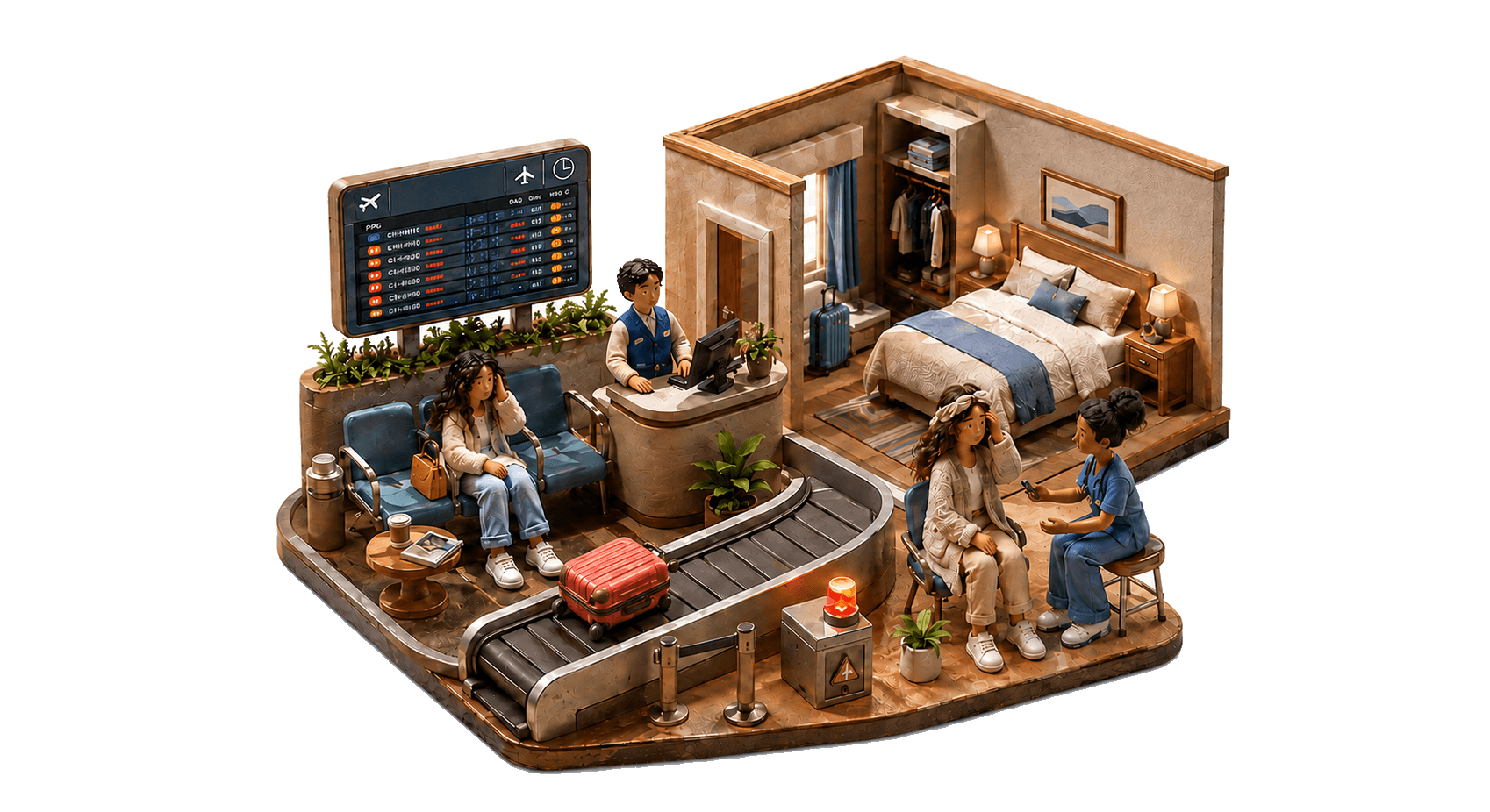Miniatura de situações de viagem, com voo atrasado, bagagem e atendimento médico